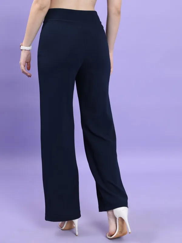  Tokyo Talkies Women Navy Blue Solid Flared Casual Trousers