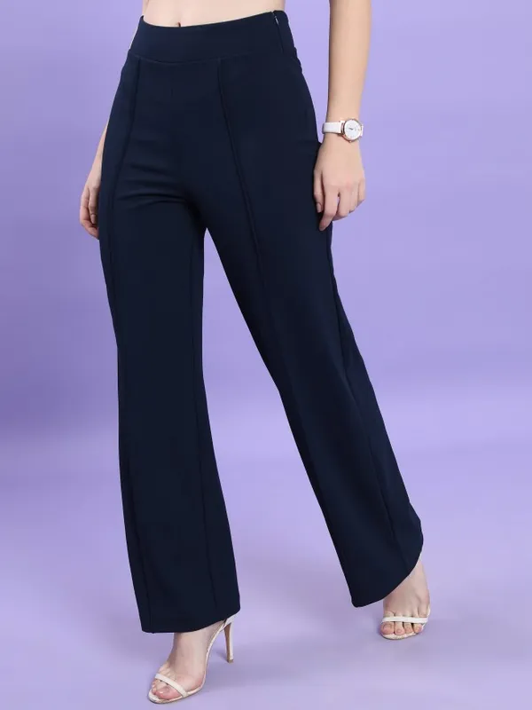  Tokyo Talkies Women Navy Blue Solid Flared Casual Trousers