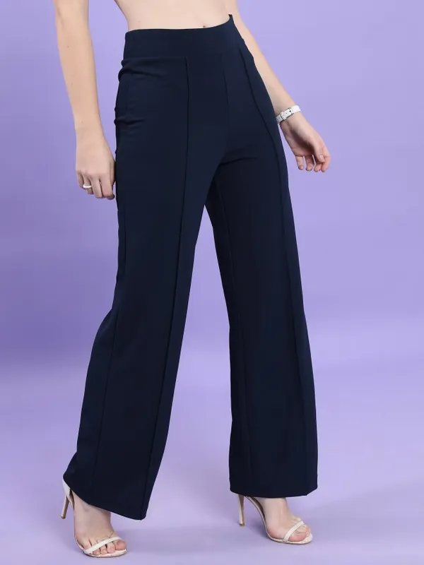  Tokyo Talkies Women Navy Blue Solid Flared Casual Trousers