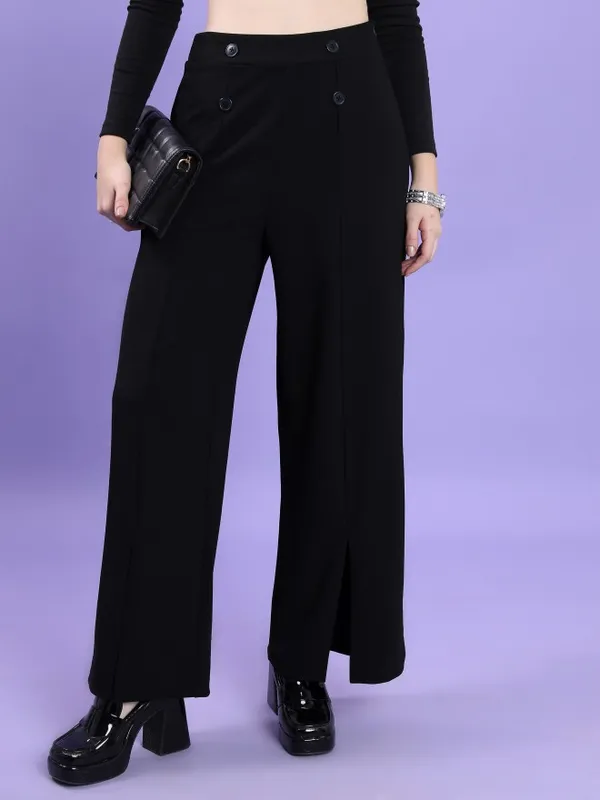  Tokyo Talkies Women Black Solid Flared Casual Trousers