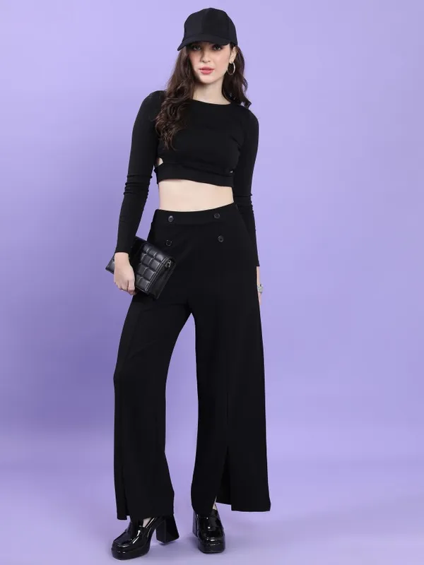 Tokyo Talkies Women Black Solid Flared Casual Trousers