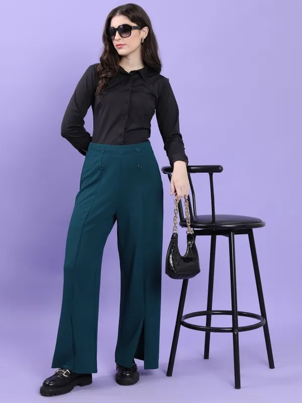  Tokyo Talkies Women Teal Solid Flared Casual Trousers
