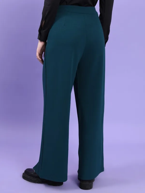  Tokyo Talkies Women Teal Solid Flared Casual Trousers