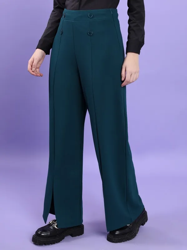  Tokyo Talkies Women Teal Solid Flared Casual Trousers