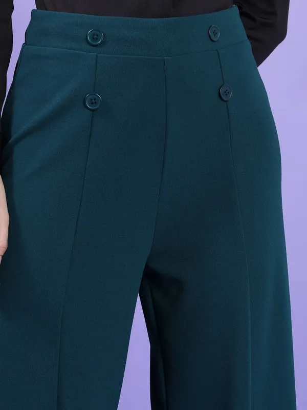  Tokyo Talkies Women Teal Solid Flared Casual Trousers