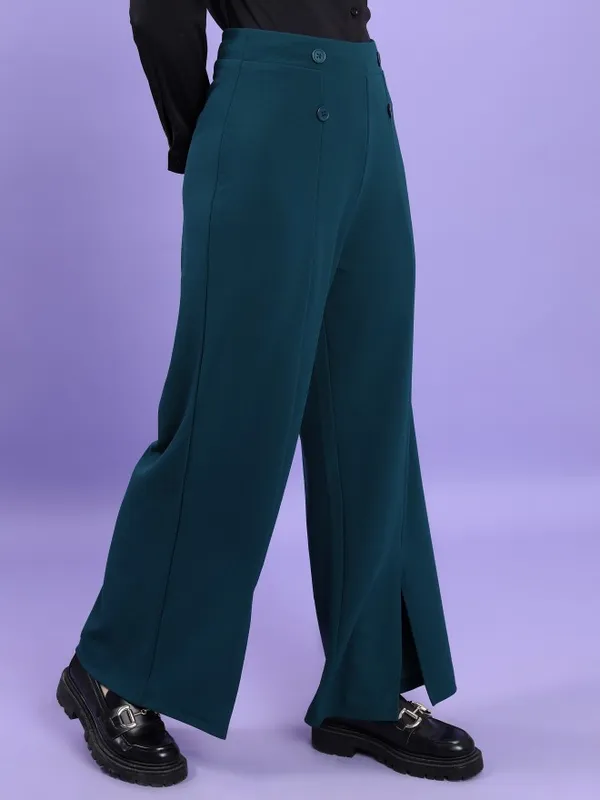  Tokyo Talkies Women Teal Solid Flared Casual Trousers