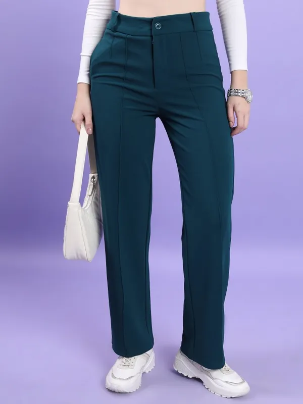Tokyo Talkies Women Teal Solid Straight Fit Casual Trouser