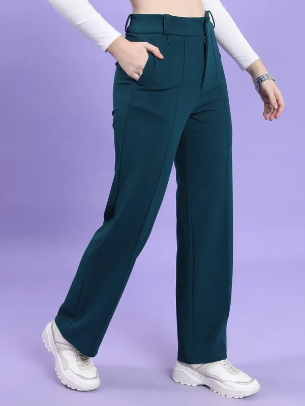 Tokyo Talkies Women Teal Solid Straight Fit Casual Trouser