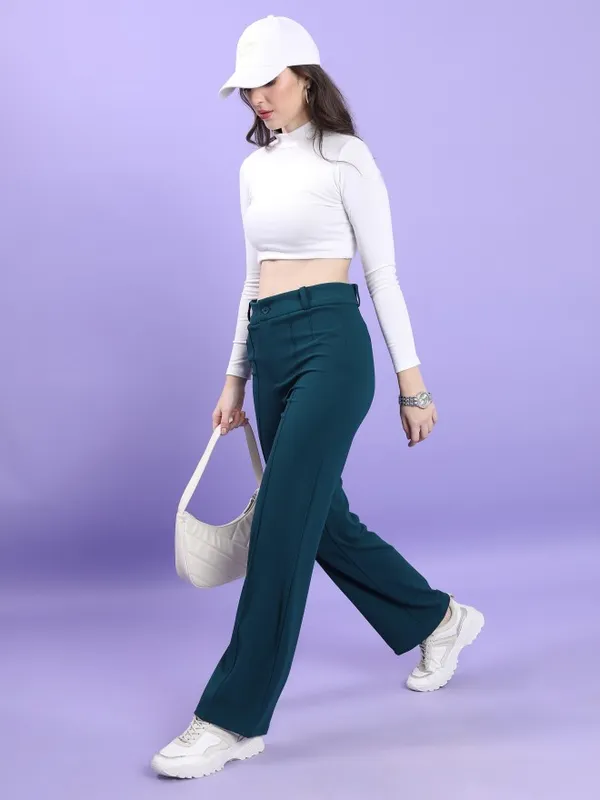 Tokyo Talkies Women Teal Solid Straight Fit Casual Trouser