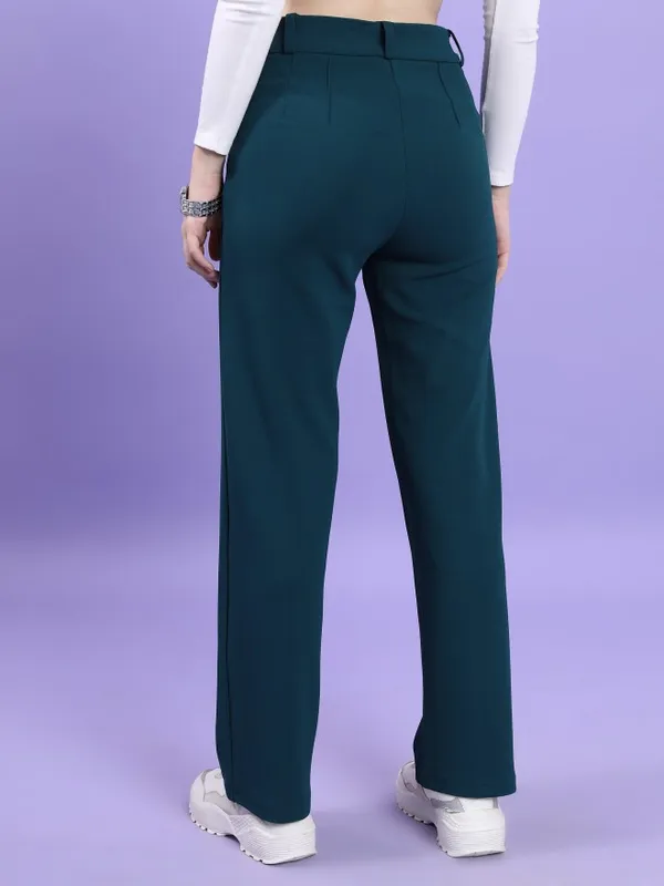 Tokyo Talkies Women Teal Solid Straight Fit Casual Trouser