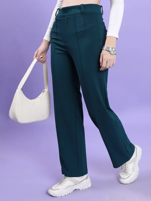 Tokyo Talkies Women Teal Solid Straight Fit Casual Trouser