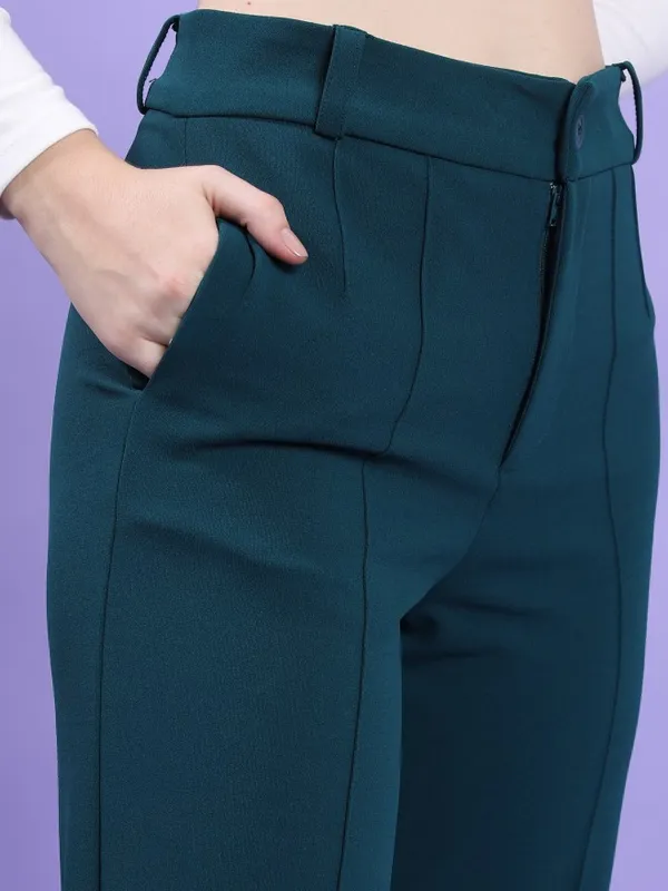 Tokyo Talkies Women Teal Solid Straight Fit Casual Trouser