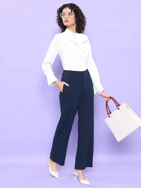  Tokyo Talkies Women Navy Blue Solid Straight Fit Casual Trousers