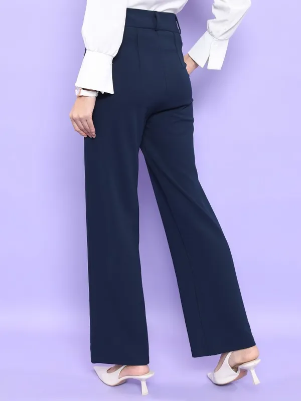  Tokyo Talkies Women Navy Blue Solid Straight Fit Casual Trousers