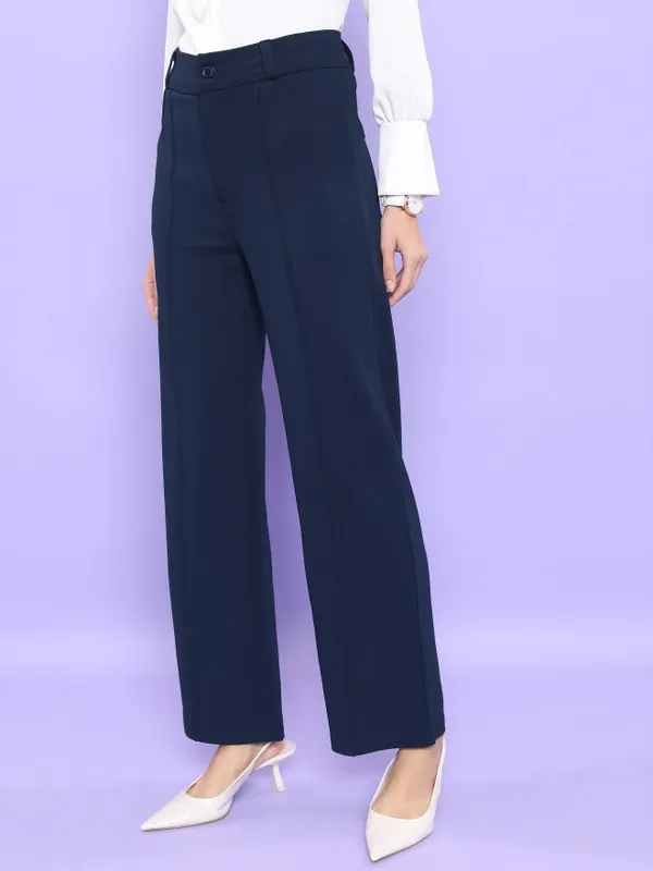  Tokyo Talkies Women Navy Blue Solid Straight Fit Casual Trousers