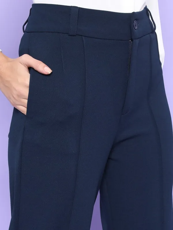  Tokyo Talkies Women Navy Blue Solid Straight Fit Casual Trousers