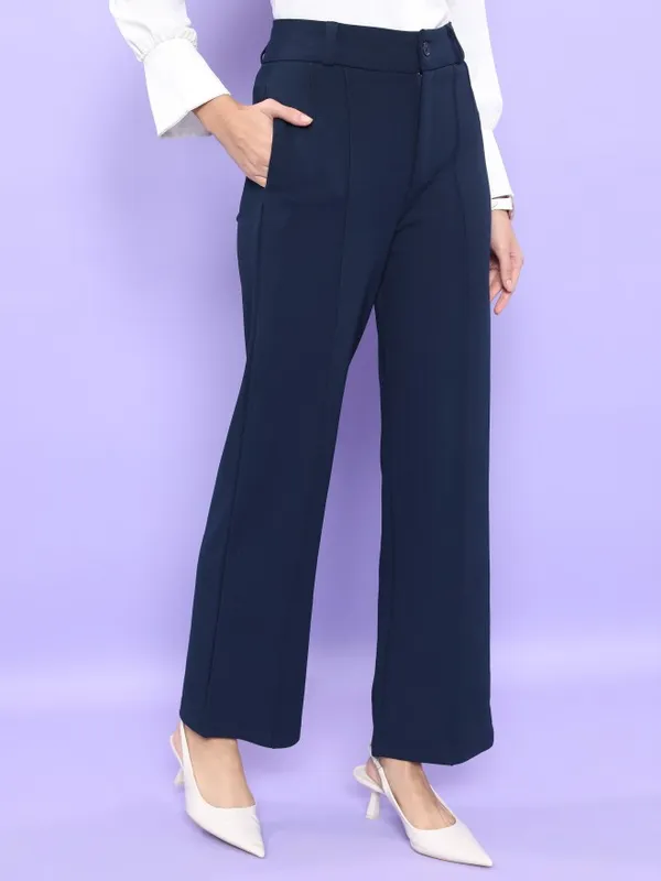  Tokyo Talkies Women Navy Blue Solid Straight Fit Casual Trousers