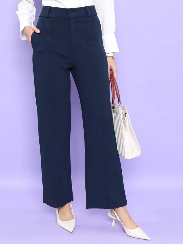 Tokyo Talkies Women Navy Blue Solid Straight Fit Casual Trouser