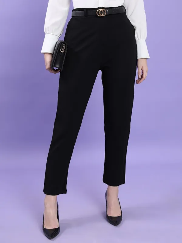  Tokyo Talkies Women Black Solid Slim Fit Casual Trousers