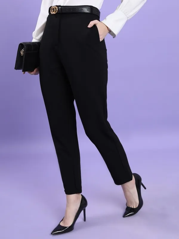  Tokyo Talkies Women Black Solid Slim Fit Casual Trousers