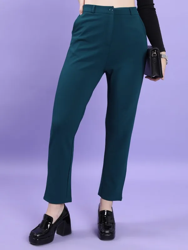  Tokyo Talkies Women Teal Solid Slim Fit Casual Trousers