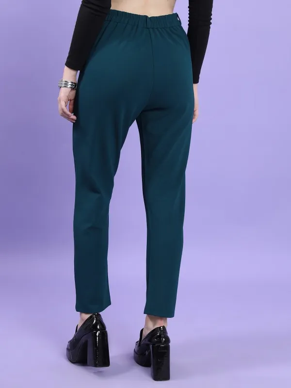  Tokyo Talkies Women Teal Solid Slim Fit Casual Trousers