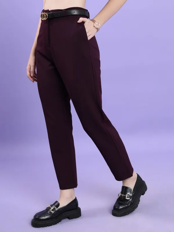  Tokyo Talkies Women Purple Solid Slim Fit Casual Trousers