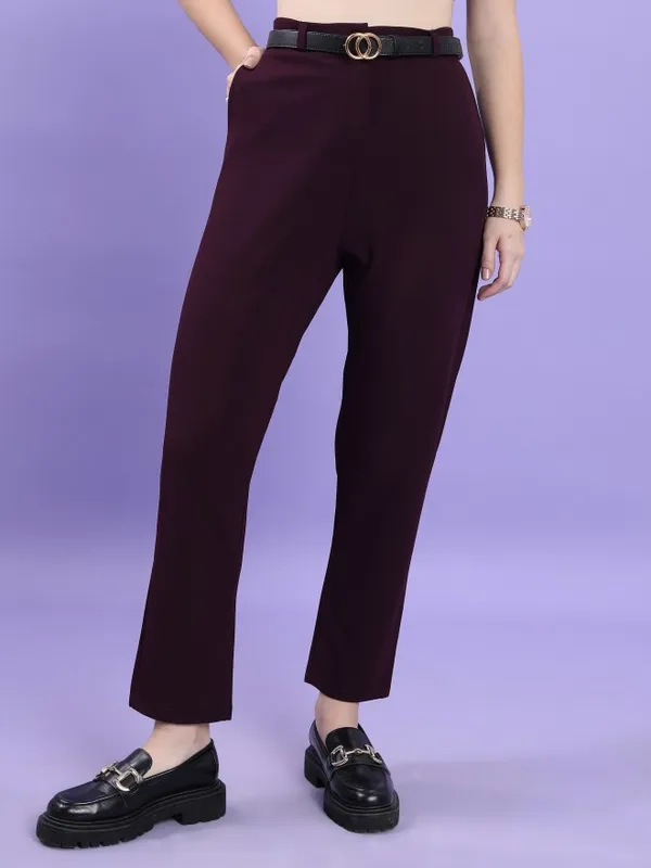 Tokyo Talkies Women Purple Solid Slim Fit Casual Trouser