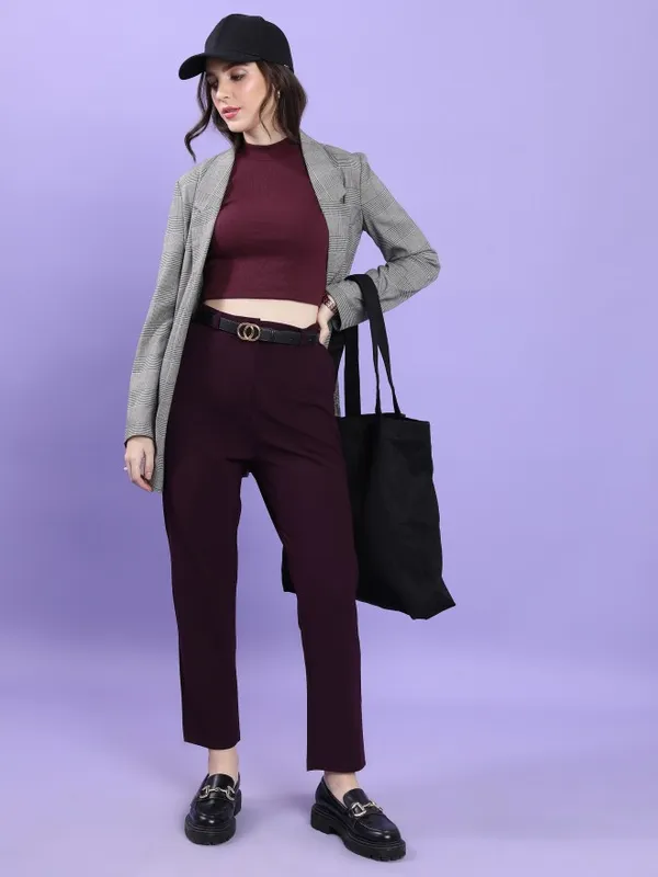 Tokyo Talkies Women Purple Solid Slim Fit Casual Trouser