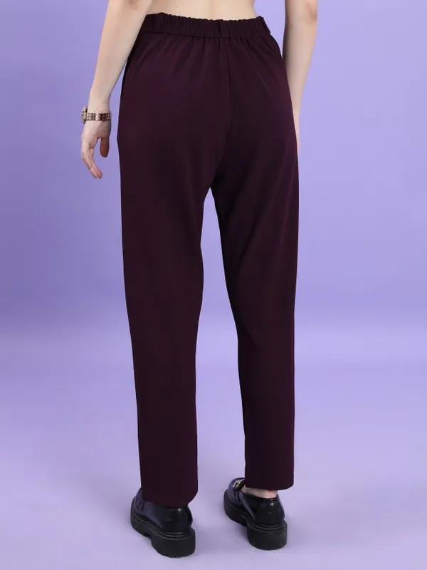 Tokyo Talkies Women Purple Solid Slim Fit Casual Trouser