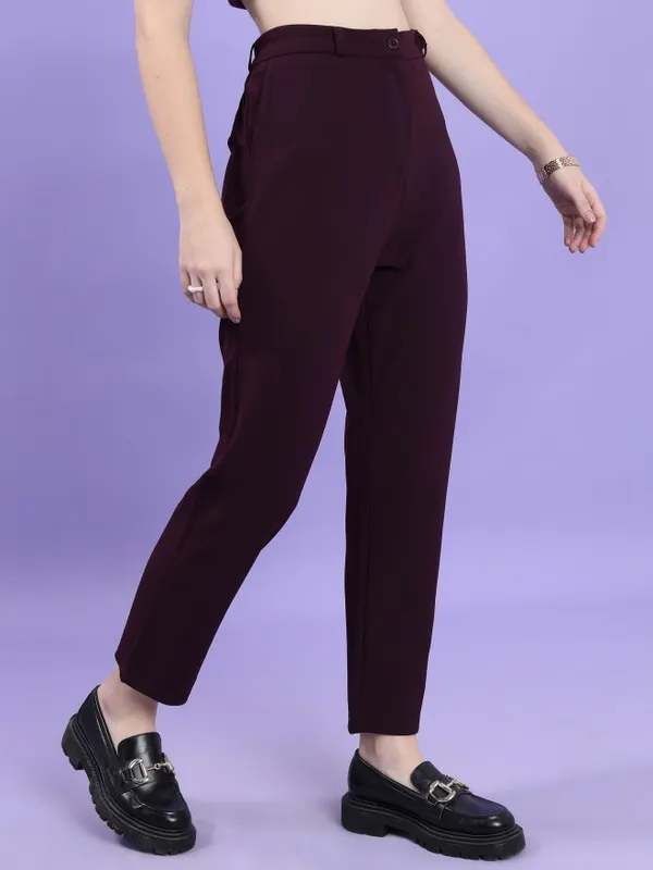 Tokyo Talkies Women Purple Solid Slim Fit Casual Trouser