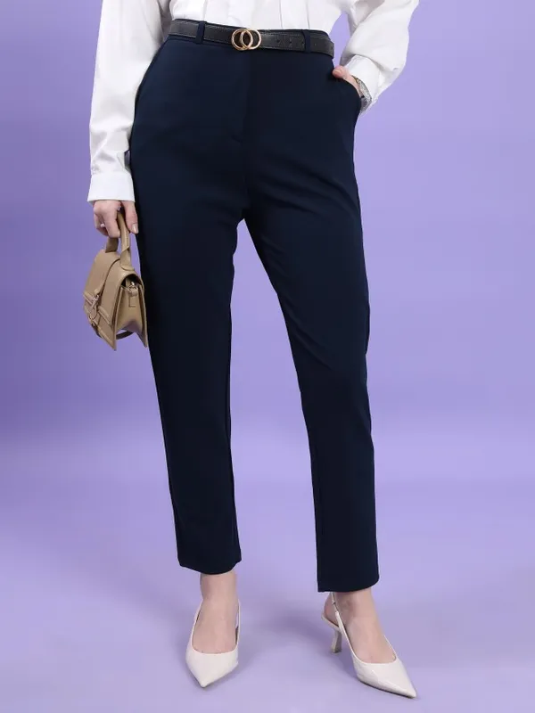  Tokyo Talkies Women Navy Blue Solid Slim Fit Casual Trousers