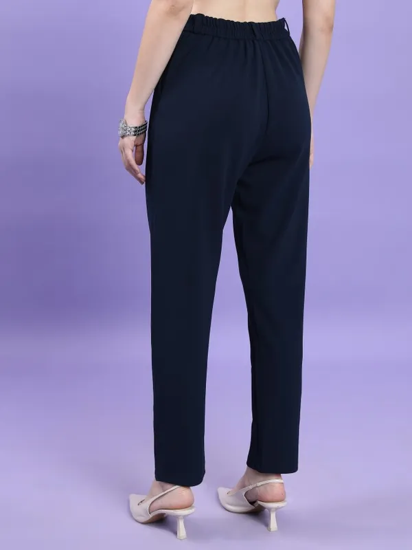  Tokyo Talkies Women Navy Blue Solid Slim Fit Casual Trousers