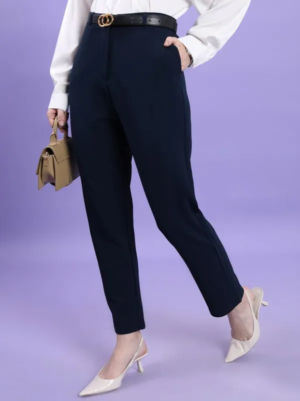  Tokyo Talkies Women Navy Blue Solid Slim Fit Casual Trousers