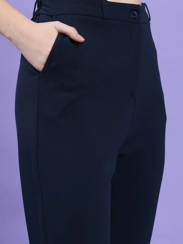  Tokyo Talkies Women Navy Blue Solid Slim Fit Casual Trousers