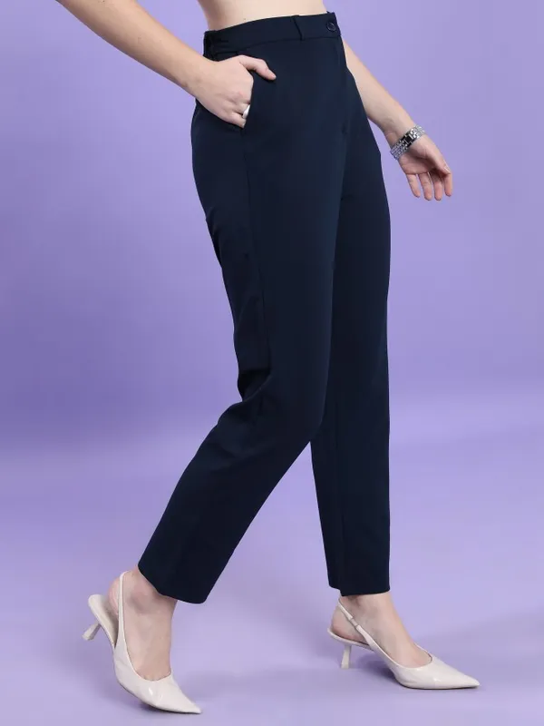  Tokyo Talkies Women Navy Blue Solid Slim Fit Casual Trousers