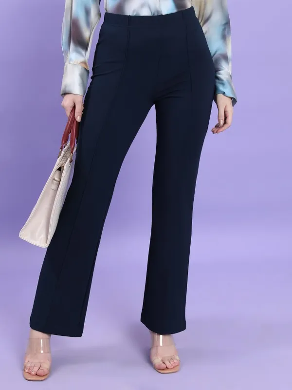  Tokyo Talkies Women Navy Blue Solid Bootcut Casual Trousers