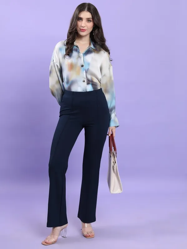  Tokyo Talkies Women Navy Blue Solid Bootcut Casual Trousers