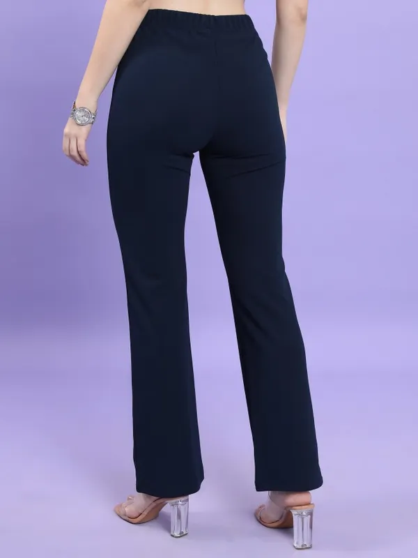  Tokyo Talkies Women Navy Blue Solid Bootcut Casual Trousers