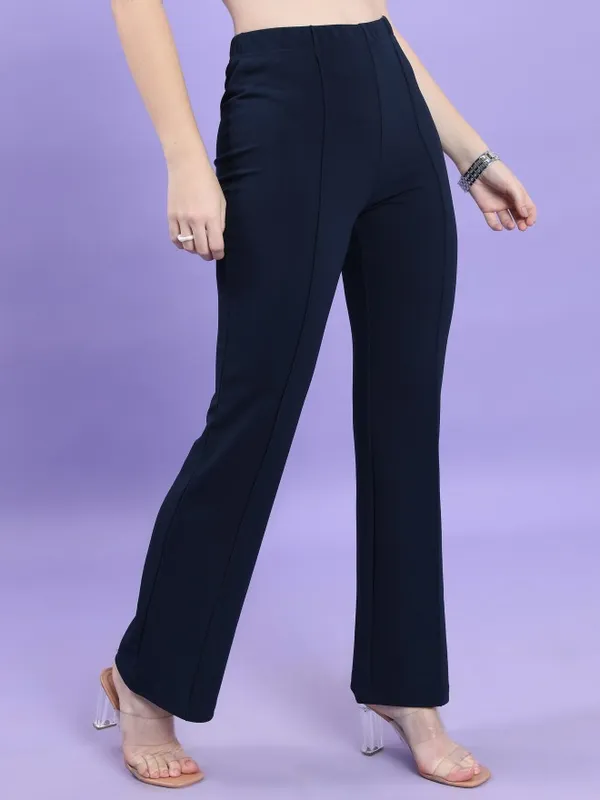  Tokyo Talkies Women Navy Blue Solid Bootcut Casual Trousers