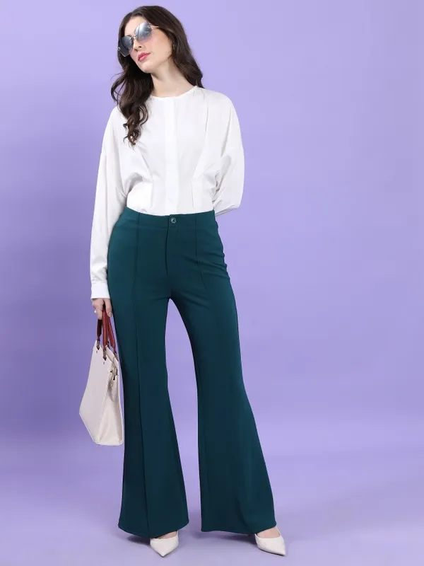  Tokyo Talkies Women Teal Solid Bootcut Casual Trousers