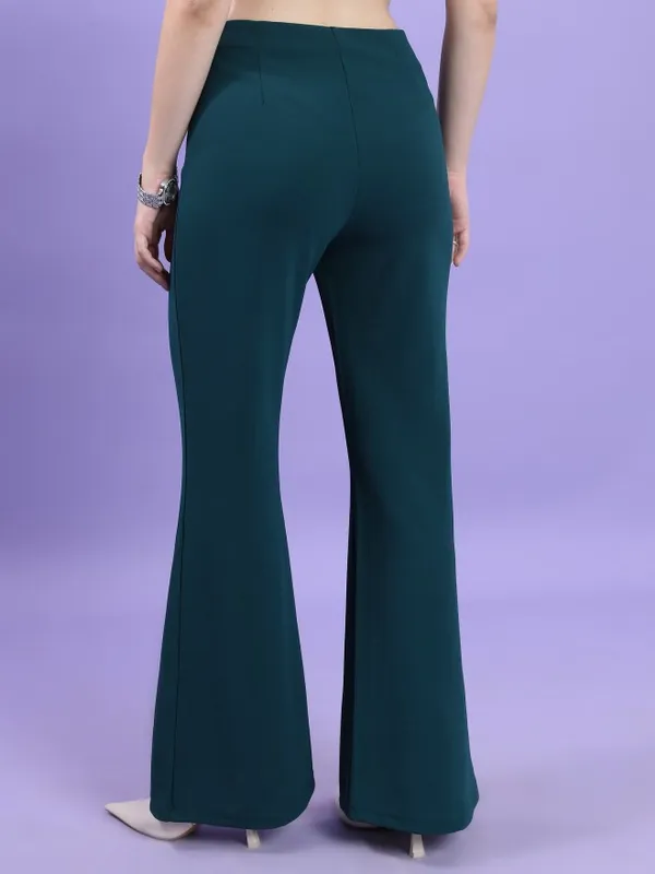  Tokyo Talkies Women Teal Solid Bootcut Casual Trousers