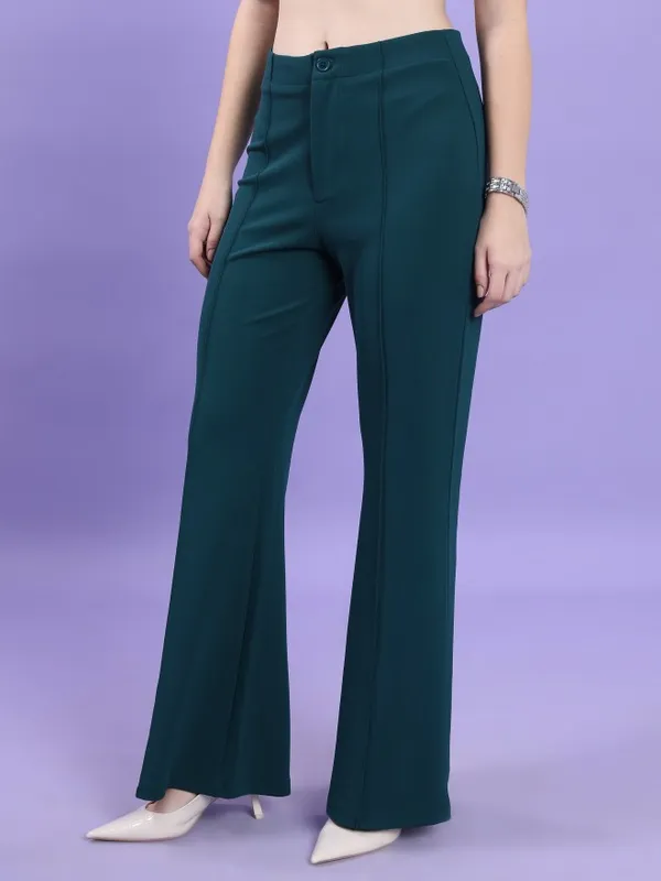 Tokyo Talkies Women Teal Solid Bootcut Casual Trousers