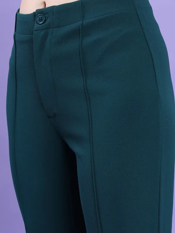  Tokyo Talkies Women Teal Solid Bootcut Casual Trousers