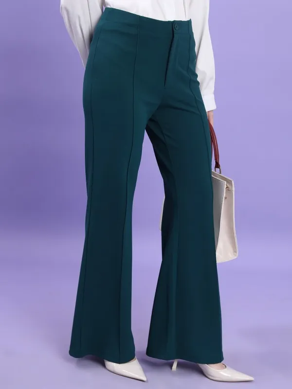  Tokyo Talkies Women Teal Solid Bootcut Casual Trousers