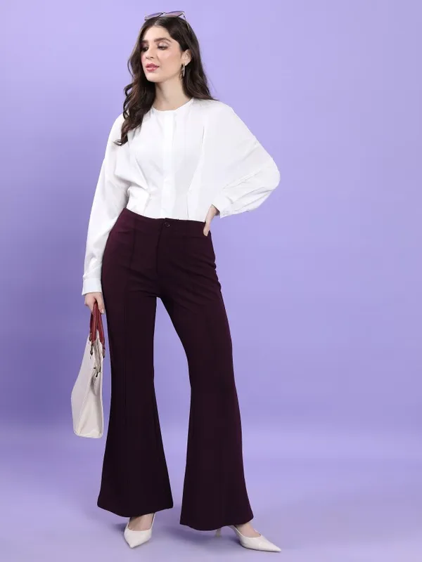  Tokyo Talkies Women Purple Solid Bootcut Casual Trousers