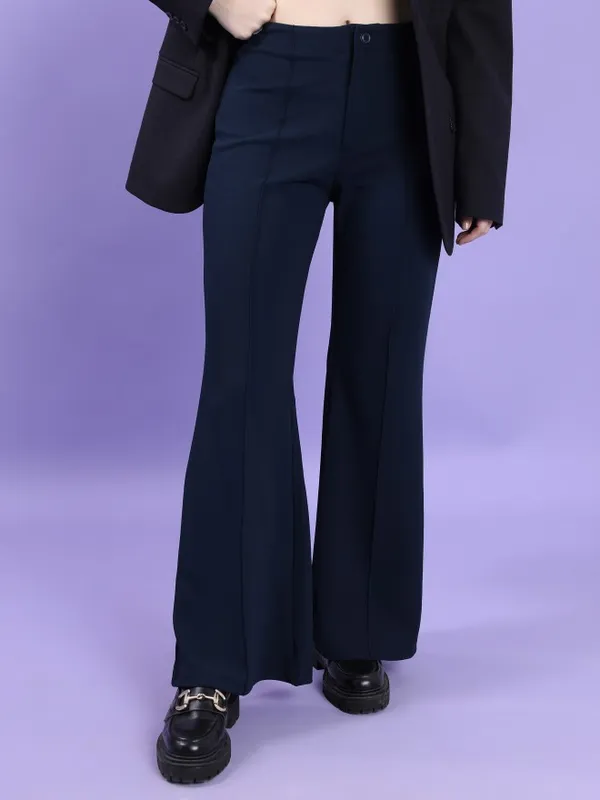  Tokyo Talkies Women Navy Blue Solid Bootcut Casual Trousers