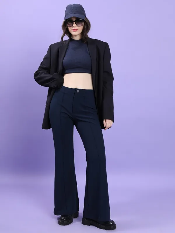  Tokyo Talkies Women Navy Blue Solid Bootcut Casual Trousers