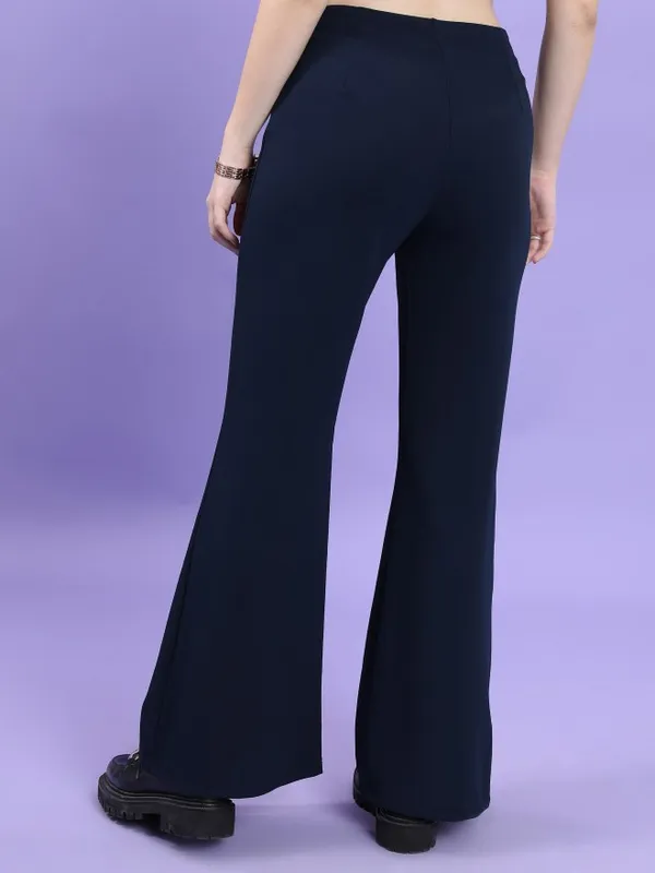  Tokyo Talkies Women Navy Blue Solid Bootcut Casual Trousers