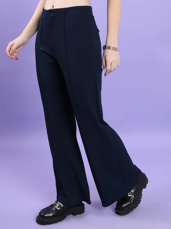 Tokyo Talkies Women Navy Blue Solid Bootcut Casual Trousers